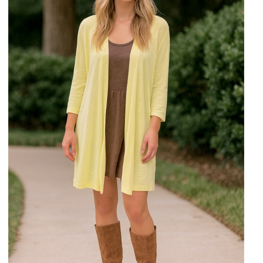 Chicos Butter Yellow Open Linen Blend Cardigan Sweater Lagenlook layer summer XL